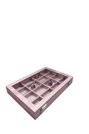 Cam Kapaklı İmera Kumaş Pembe Renk 34 cm / 24 cm Bölmeli Takı Standı