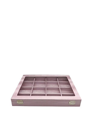 Cam Kapaklı İmera Kumaş Pembe Renk 34 cm / 24 cm Bölmeli Takı Standı