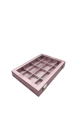 Cam Kapaklı İmera Kumaş Pembe Renk 34 cm / 24 cm Bölmeli Takı Standı