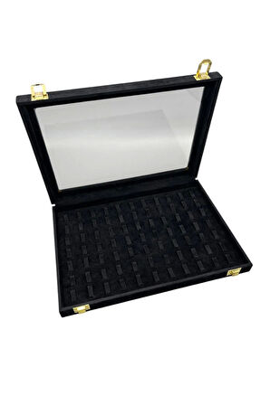 Cam Kapaklı Süet Kumaş Siyah Renk 34 cm / 24 cm Tırnaklı Yüzük Sergileme Standı