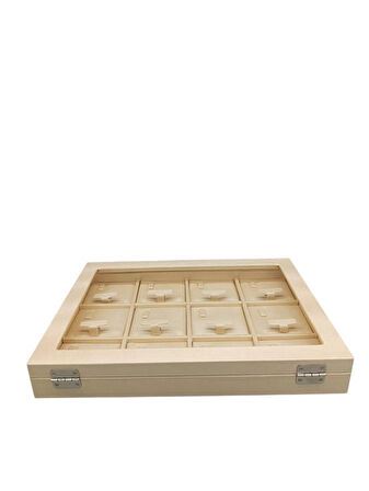 Yeni Cam Kapaklı Imera Deri Kumaş Krem Renk 34 Cm / 24 Cm Üçlü Set Kutusu