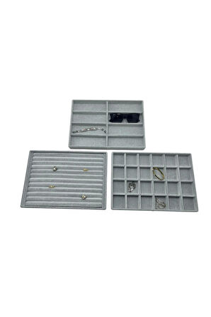 Yerli Üretim Süet Kumaş Gri Renk 34/24 cm 3 lü Takım Çekmece İçi Takı Tablası