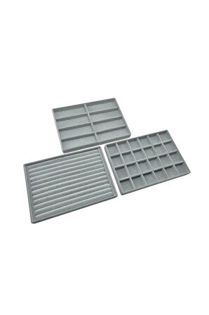 Yerli Üretim Süet Kumaş Gri Renk 34/24 cm 3 lü Takım Çekmece İçi Takı Tablası