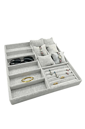 Yerli Üretim Miami Model Süet Kumaş Gri Renk 38Cm /34 Cm Mix Takı Sergileme Çekmece İçi Stand