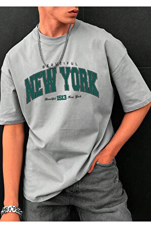 Unisex Beautiful New York Baskılı Oversize Boyamalı  Tişört