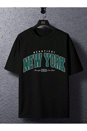 Unisex Beautiful New York Baskılı Oversize Boyamalı  Tişört