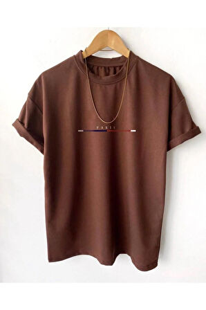 Unisex Göğüs Ince Çizgili Paris Baskılı Oversize Bisiklet Yaka Tişört