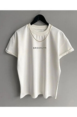 Erkek Beyaz Brooklyn Oversize Bisiklet Yaka Tshirt