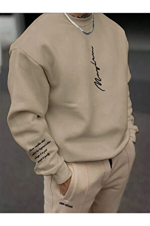 Unisex Kadın/Erkek NEVER Renkli Oversize Bisiklet Yaka Pamuklu Sweatshirt