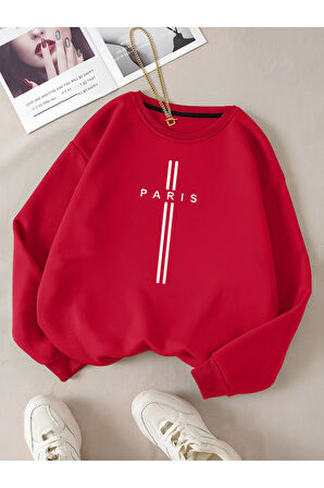 Unisex Kadın/Erkek PARİS Özel Renkli Oversize Bisiklet Yaka Pamuklu Sweatshirt