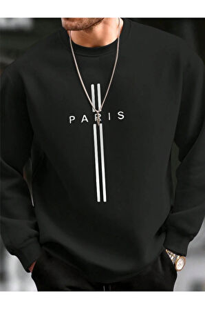 Unisex Kadın/Erkek PARİS Özel Renkli Oversize Bisiklet Yaka Pamuklu Sweatshirt