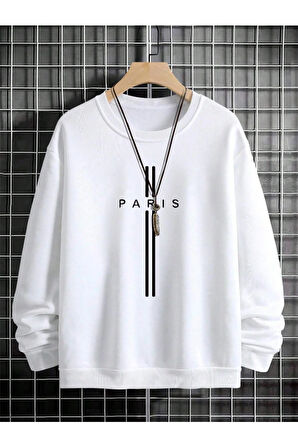 Unisex Kadın/Erkek PARİS Özel Renkli Oversize Bisiklet Yaka Pamuklu Sweatshirt