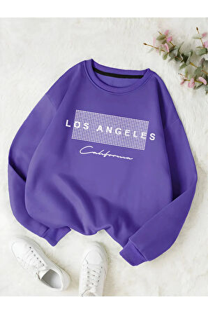 Unisex Kadın/Erkek Detaylı Los Angeles Özel Baskılı Renkli Oversize Bisiklet Yaka Pamuklu Sweatshirt