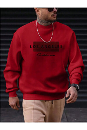 Unisex Kadın/Erkek Detaylı Los Angeles Özel Baskılı Renkli Oversize Bisiklet Yaka Pamuklu Sweatshirt