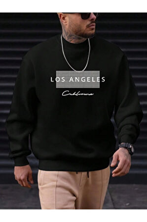 Unisex Kadın/Erkek Detaylı Los Angeles Özel Baskılı Renkli Oversize Bisiklet Yaka Pamuklu Sweatshirt