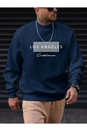 Unisex Kadın/Erkek Detaylı Los Angeles Özel Baskılı Renkli Oversize Bisiklet Yaka Pamuklu Sweatshirt