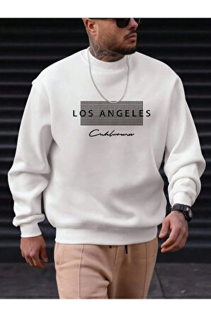 Unisex Kadın/Erkek Detaylı Los Angeles Özel Baskılı Renkli Oversize Bisiklet Yaka Pamuklu Sweatshirt