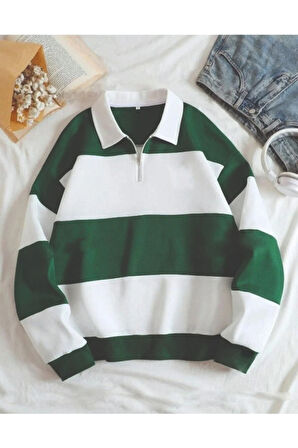 Parçalı Renk Yarım Fermuarlı Polo Yaka Sweatshirt Içi Polarlı Unisex