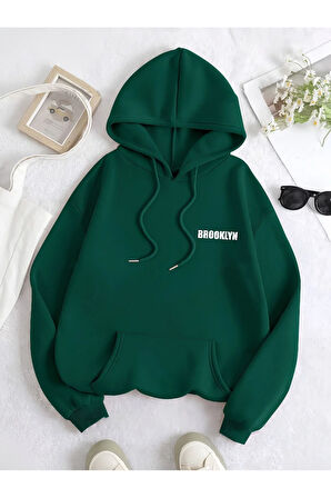 Unisex Kadın/Erkek BROOKLYN Renkli Özel Baskılı Pamuklu Oversize Kapüşonlu Sweatshirt