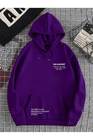 Unisex Mor Happiest Baskılı Oversize Kapşonlu Sweatshirt