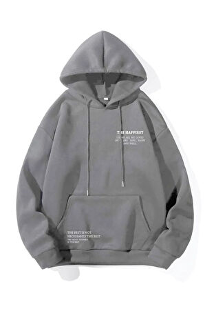 Unisex Füme Happiest Baskılı Oversize Kapşonlu Sweatshirt