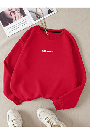 Unisex Kadın/Erkek Brooklyn Özel Renkli Oversize Bisiklet Yaka Pamuklu Sweatshirt