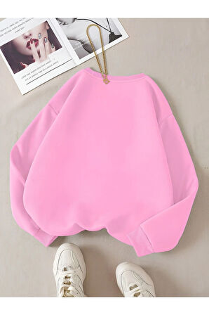 Üç iplik Kadın Renkli Cat Özel Göğüs Baskılı Oversize Bisiklet Yaka Sweatshirt