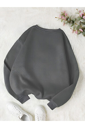 Üç iplik Kadın Renkli Cat Özel Göğüs Baskılı Oversize Bisiklet Yaka Sweatshirt