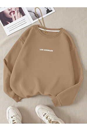 Unisex Kadın/Erkek LOS ANGELES Renkli Oversize Bisiklet Yaka Pamuklu Sweatshirt