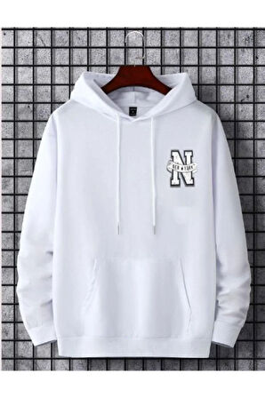 Erkek Beyaz New York Baskılı Kapüşonlu Sweatshirt