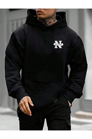 Erkek Siyah New York Baskılı Kapüşonlu Sweatshirt
