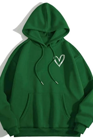 Kadın Yeşil  Kalp Baskılı Kapşonlu Oversize Sweatshirt