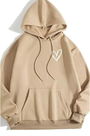 Kadın Bej Kalp Baskılı Kapşonlu Oversize Sweatshirt