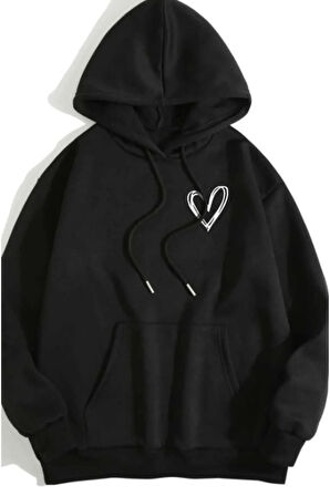 Kadın Siyah Kalp Baskılı Kapşonlu Oversize Sweatshirt