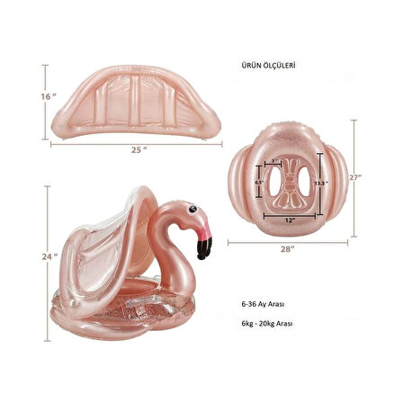 Gölgelikli Flamingo Figürlü Bebek Deniz Simidi 1-6 Yaş+İntex Şişirme Pompası+1 Adet Onarım Yaması