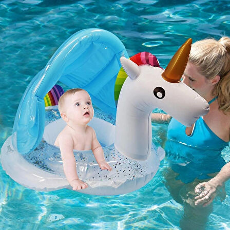 Gölgelikli Flamingo Figürlü Bebek Deniz Simidi 1-6 Yaş+İntex Şişirme Pompası+1 Adet Onarım Yaması