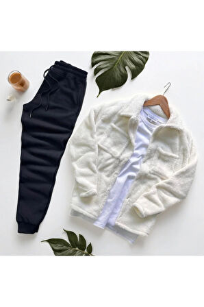 Unisex Pelüş Ceket Ve Siyah Eşofman Kombini Alt Üst