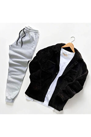 Unisex Pelüş Ceket Ve Siyah Eşofman Kombini Alt Üst