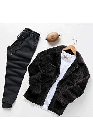 Unisex Pelüş Ceket Ve Siyah Eşofman Kombini Alt Üst