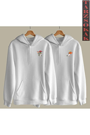 Tom Ve Jerry Tasarımlı Sevgili Çift Kombin Kapüşonlu Sweatshirt 2'li