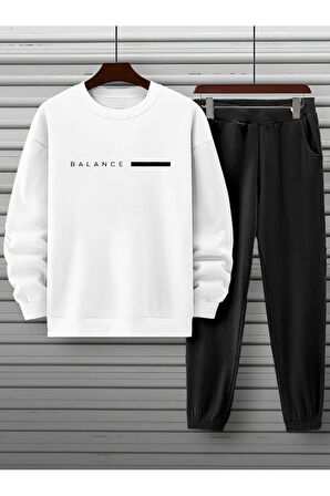 Unisex Beyaz Siyah Eşofman Takımı BALANCE baskılı Şardonlu