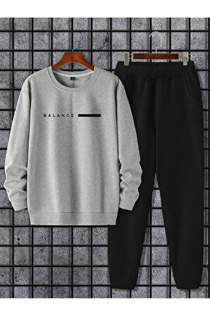 Unisex Gri Siyah Eşofman Takımı BALANCE baskılı Şardonlu