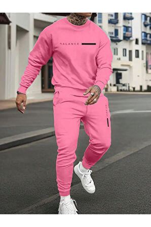 Unisex Pembe Eşofman Takımı Balance Baskılı Şardonlu