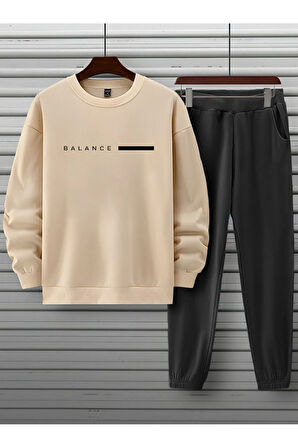 Unisex Bej Siyah Eşofman Takımı BALANCE baskılı Şardonlu