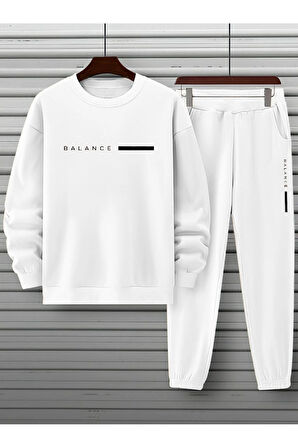 Unisex Beyaz Eşofman Takımı BALANCE baskılı Şardonlu