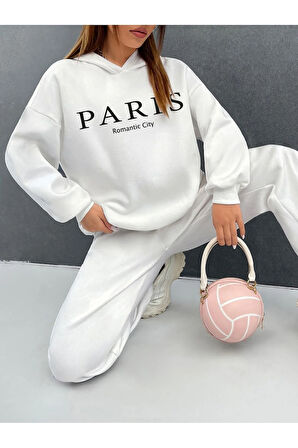 Paris Romantic City Beyaz Baskılı Eşofman Takımı Kapüşonlu
