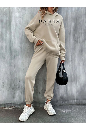 Paris Romantic City Bej Baskılı Eşofman Takımı Kapüşonlu