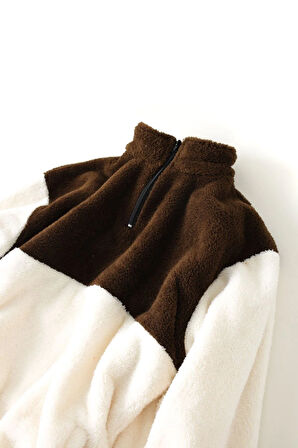 Erkek Oversize Cep Detaylı Yaka Fermuarlı Kahverengi Pelüş Sweat
