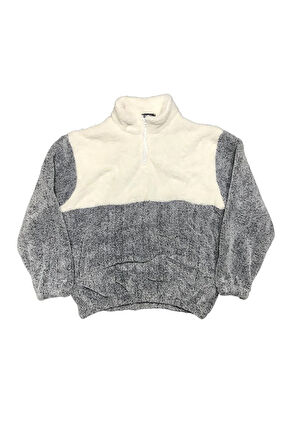 Erkek Polar Sweatshirt Yarım Fermuarlı Renk Bloklu Oversize Kalın Kışlık Sıcak Tutan Peluş Üst