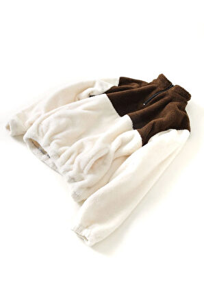 Erkek Oversize Cep Detaylı Yaka Fermuarlı Kahverengi Pelüş Sweat